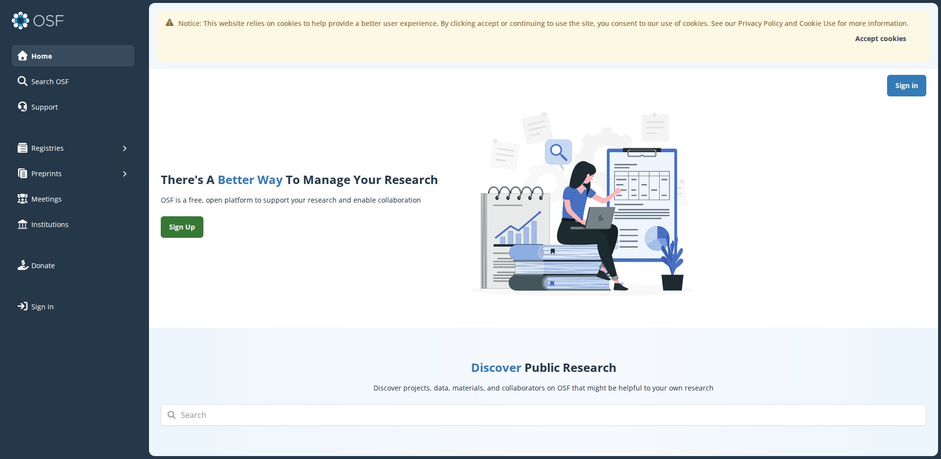 Página inicial do OSF com o título There's a better way to manage your research e a seção Discover Public Research