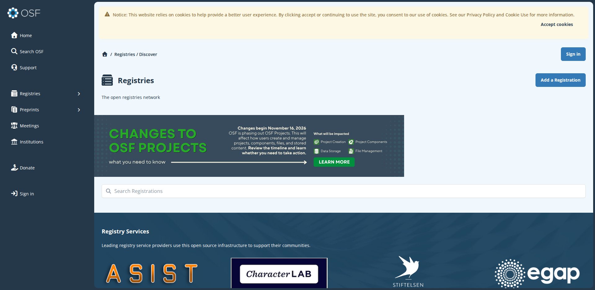 Página OSF Registries com o botão Add a Registration, a seção The open registries network e o banner Changes to OSF Projects