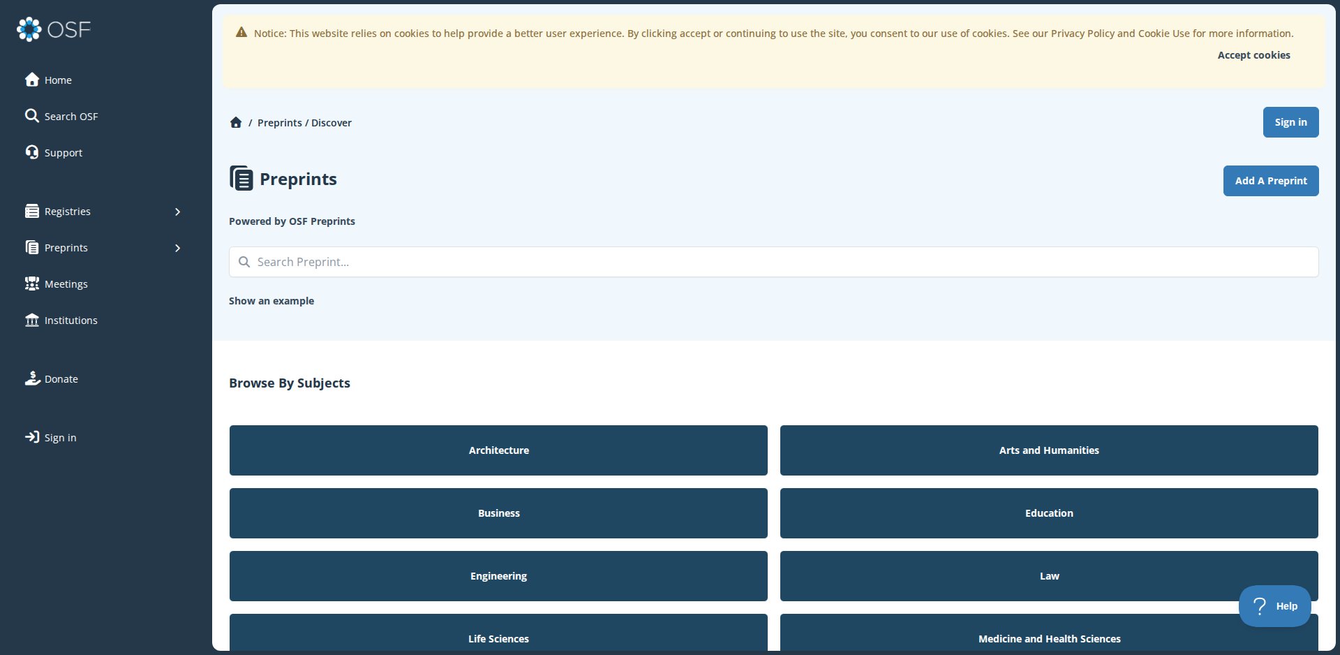 Página OSF Preprints com o botão Add a preprint e a busca por assunto