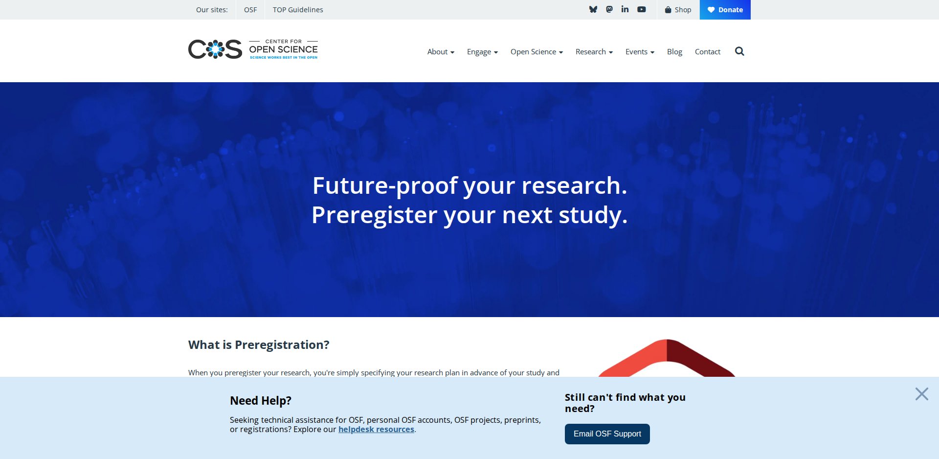 Página Preregistration do Center for Open Science, com o chamado Future-proof your research, preregister your next study