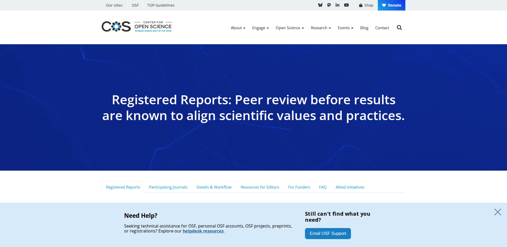 Página Registered Reports do Center for Open Science, com o título Peer review before results are known