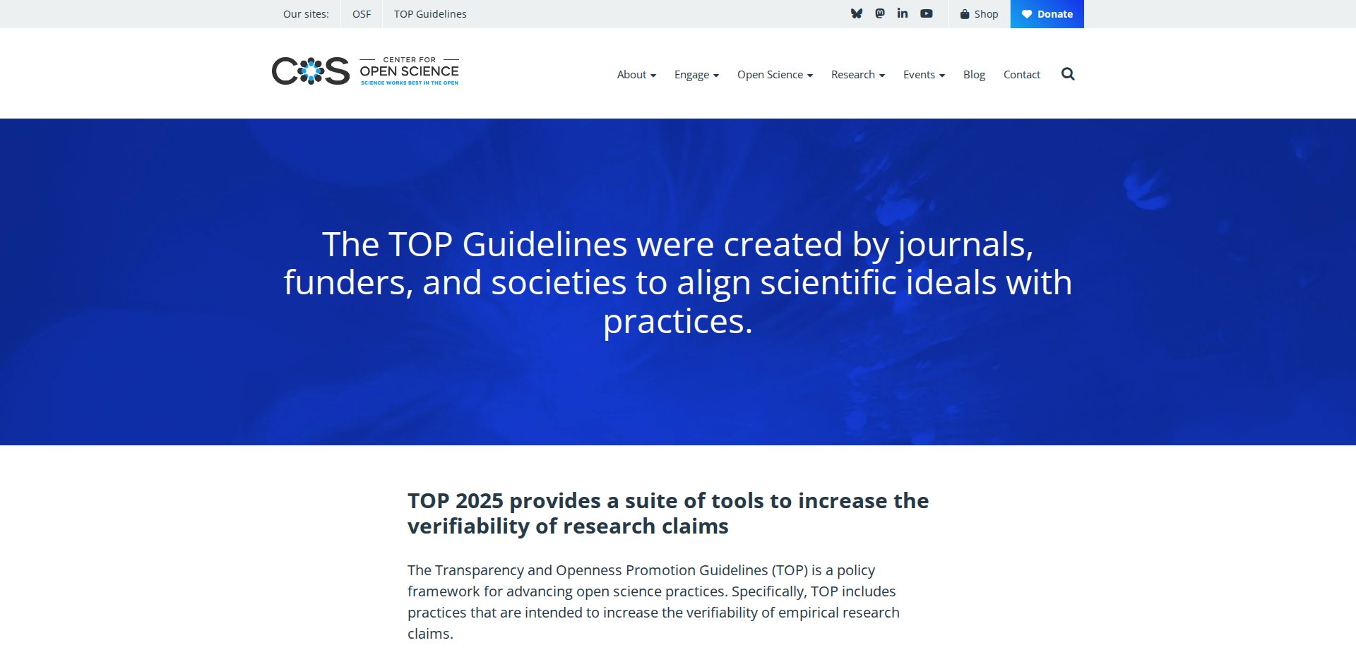 Página TOP Guidelines do Center for Open Science, com a versão TOP 2025