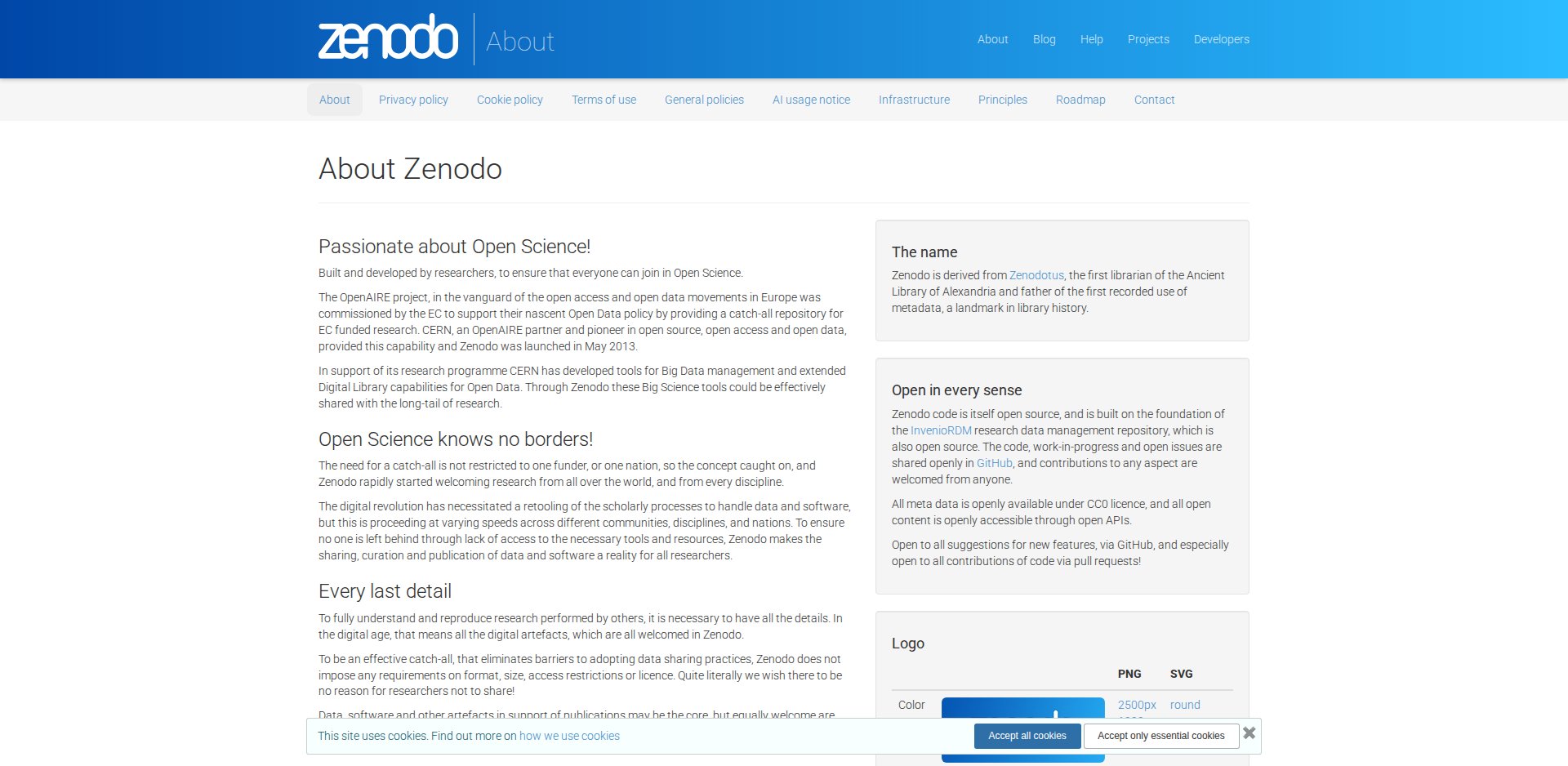 Página About Zenodo, descrevendo o repositório construído por pesquisadores, operado pelo CERN com o OpenAIRE