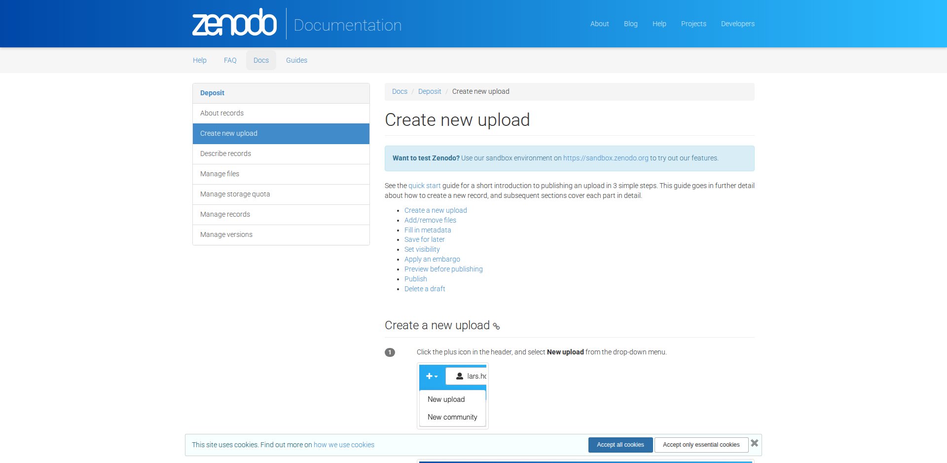 Página de ajuda do Zenodo Create new upload, com os passos do formulário de depósito