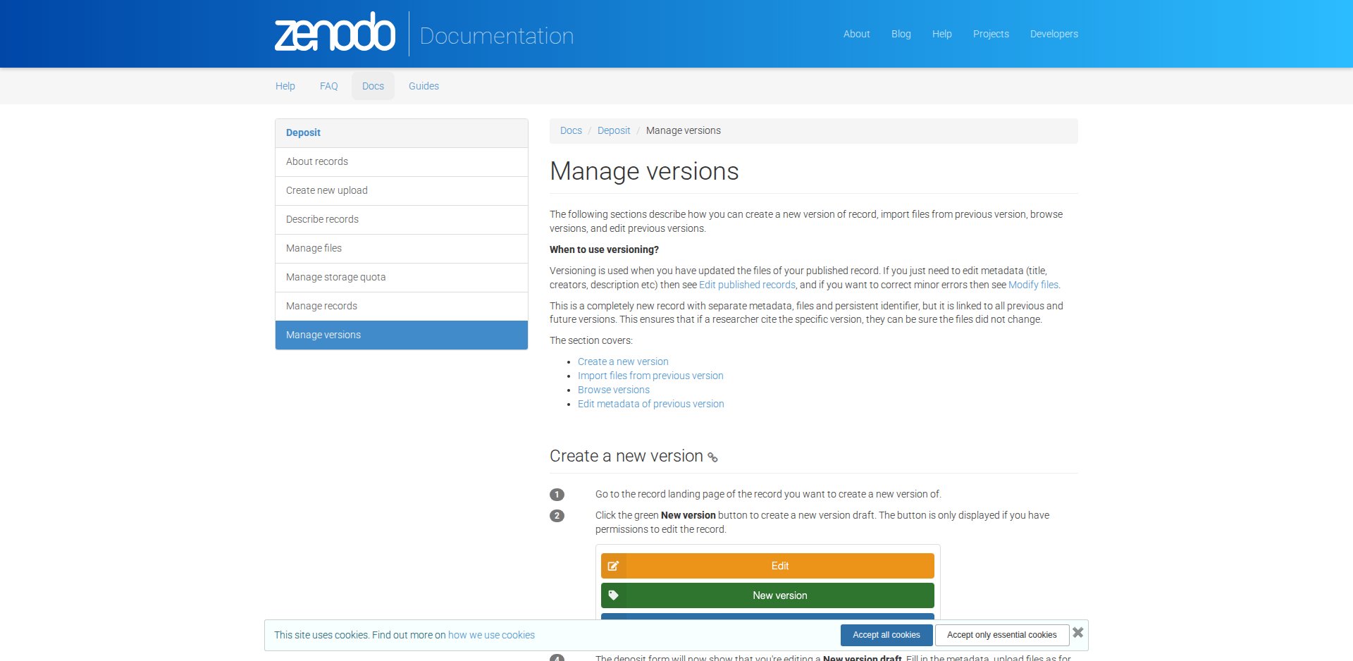 Página de ajuda do Zenodo Manage versions, com o botão verde New version e a explicação das versões