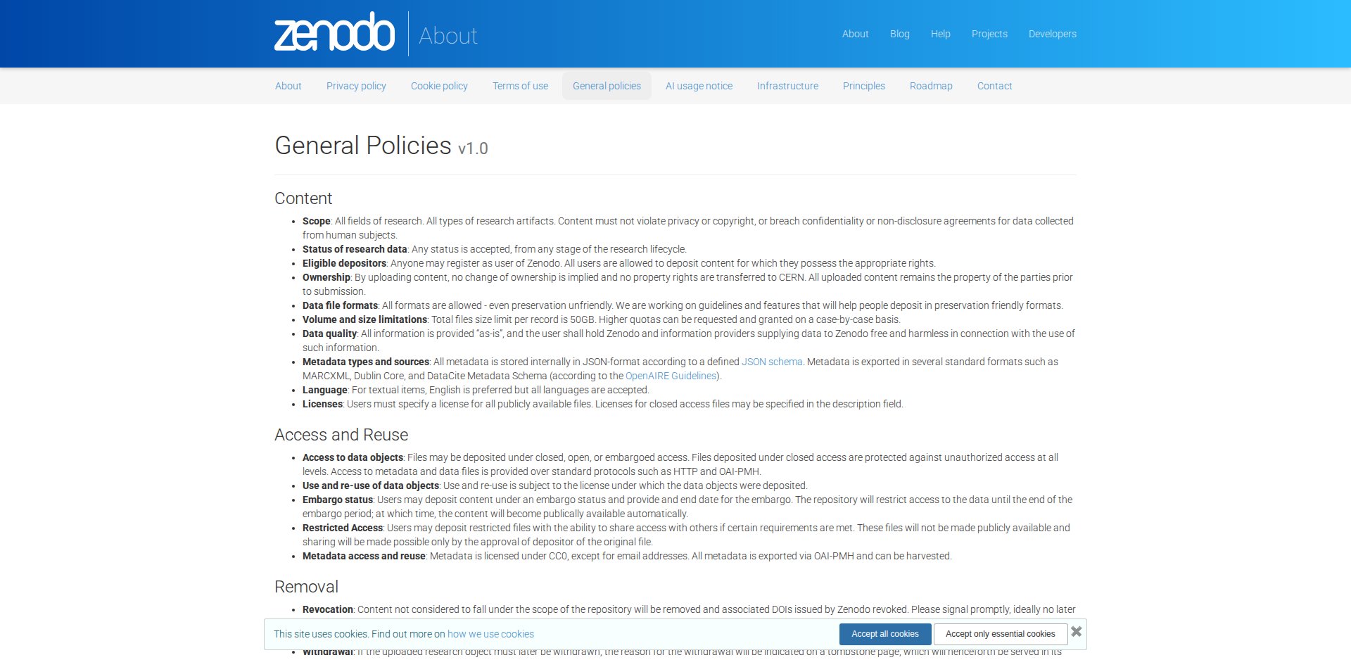 Página General Policies v1.0 do Zenodo, com as políticas de conteúdo, metadados, preservação e retirada