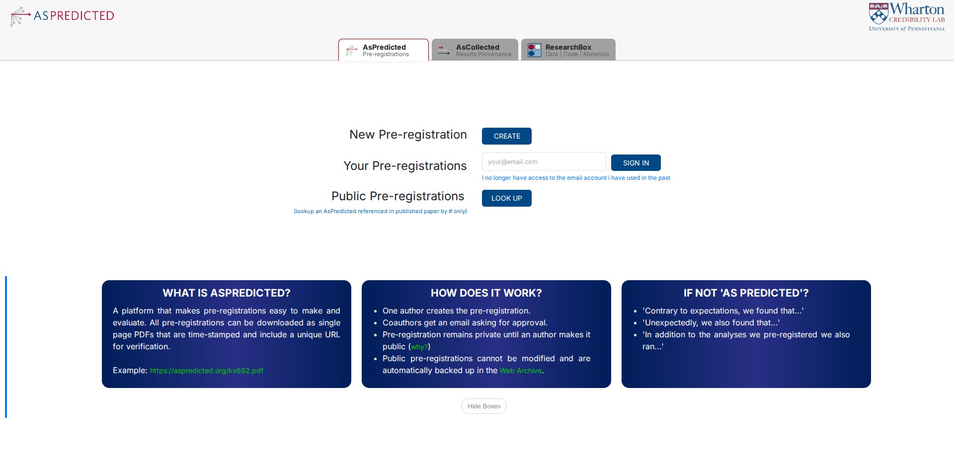 Página inicial do AsPredicted com as seções What is AsPredicted, How does it work e o botão New Pre-registration
