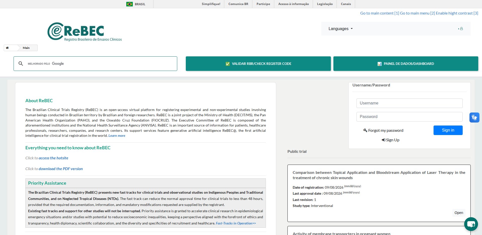 Página inicial do ReBEC em inglês, com os links Instructions for the Registrant e a área de login