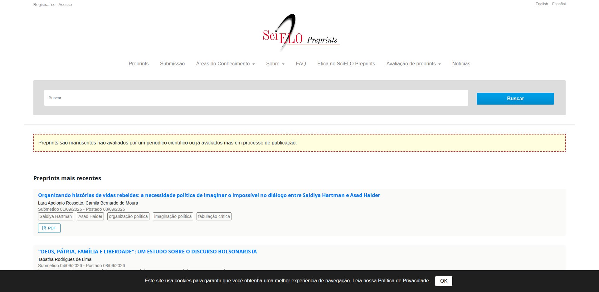 Página inicial do SciELO Preprints em português, com a lista de preprints mais recentes e o botão Registrar-se