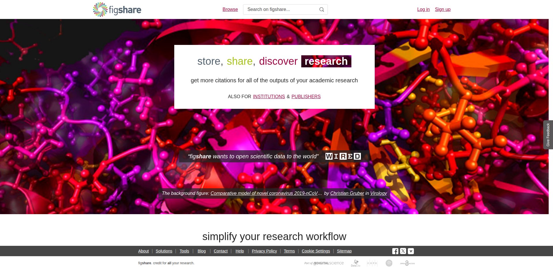 Página inicial do Figshare com o slogan store, share, discover research