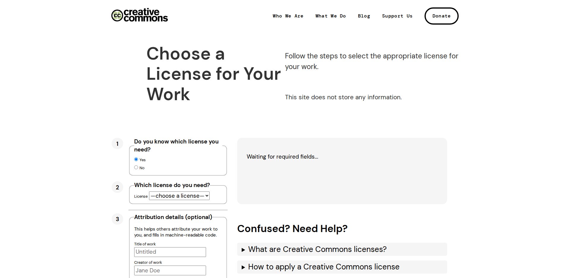 Creative Commons Chooser com o título Choose a License for Your Work e as perguntas em passos