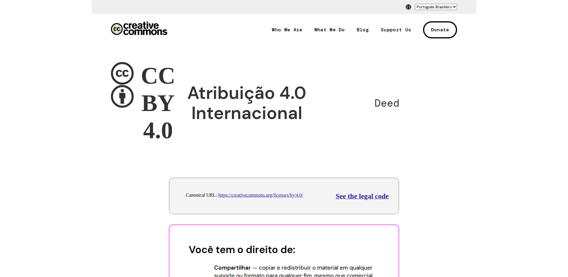 Deed da licença CC BY 4.0 em português, com o que a licença permite e a condição de atribuição