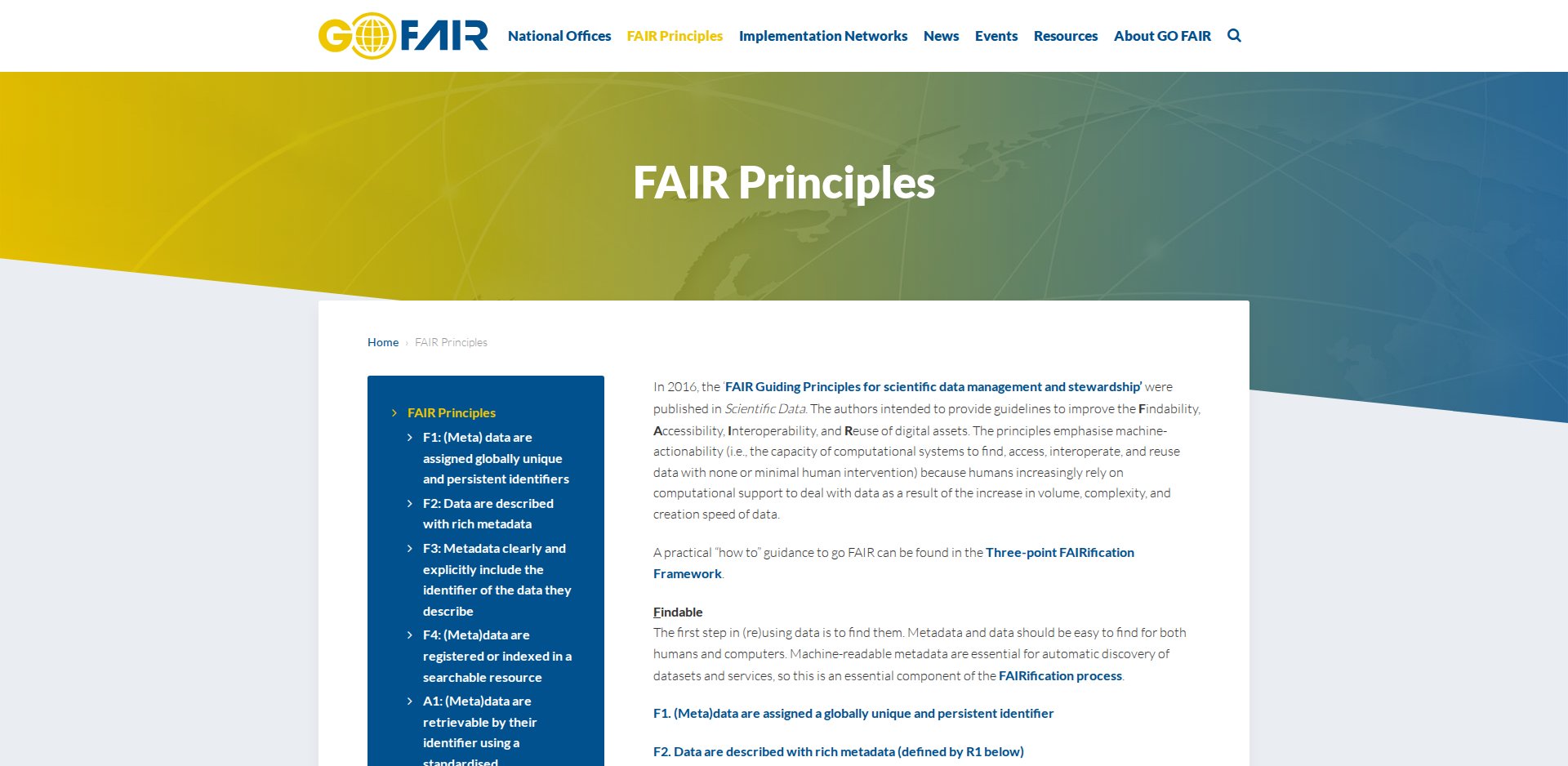 Página FAIR Principles da GO FAIR Foundation, listando os princípios de F1 a R1.3