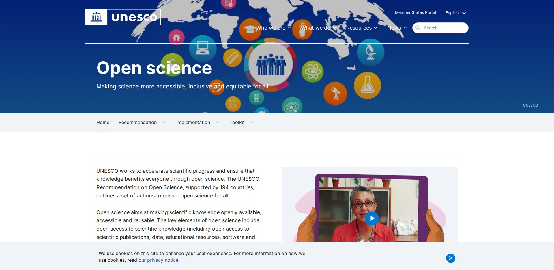 Página Open science da UNESCO, com a definição de ciência aberta e a referência à Recomendação de 2021