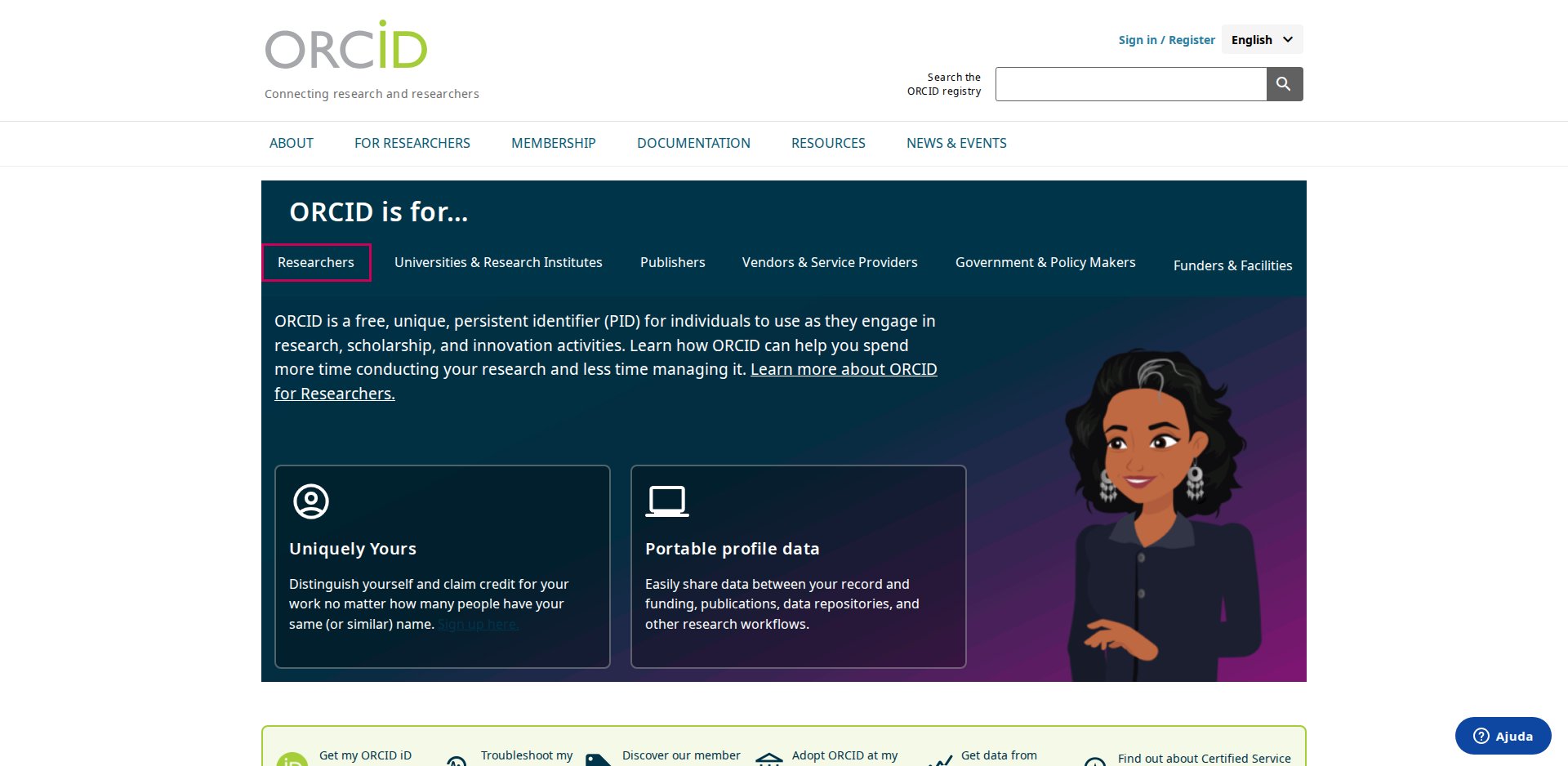 Página inicial do ORCID com a seção ORCID is for e o chamado para registrar um identificador