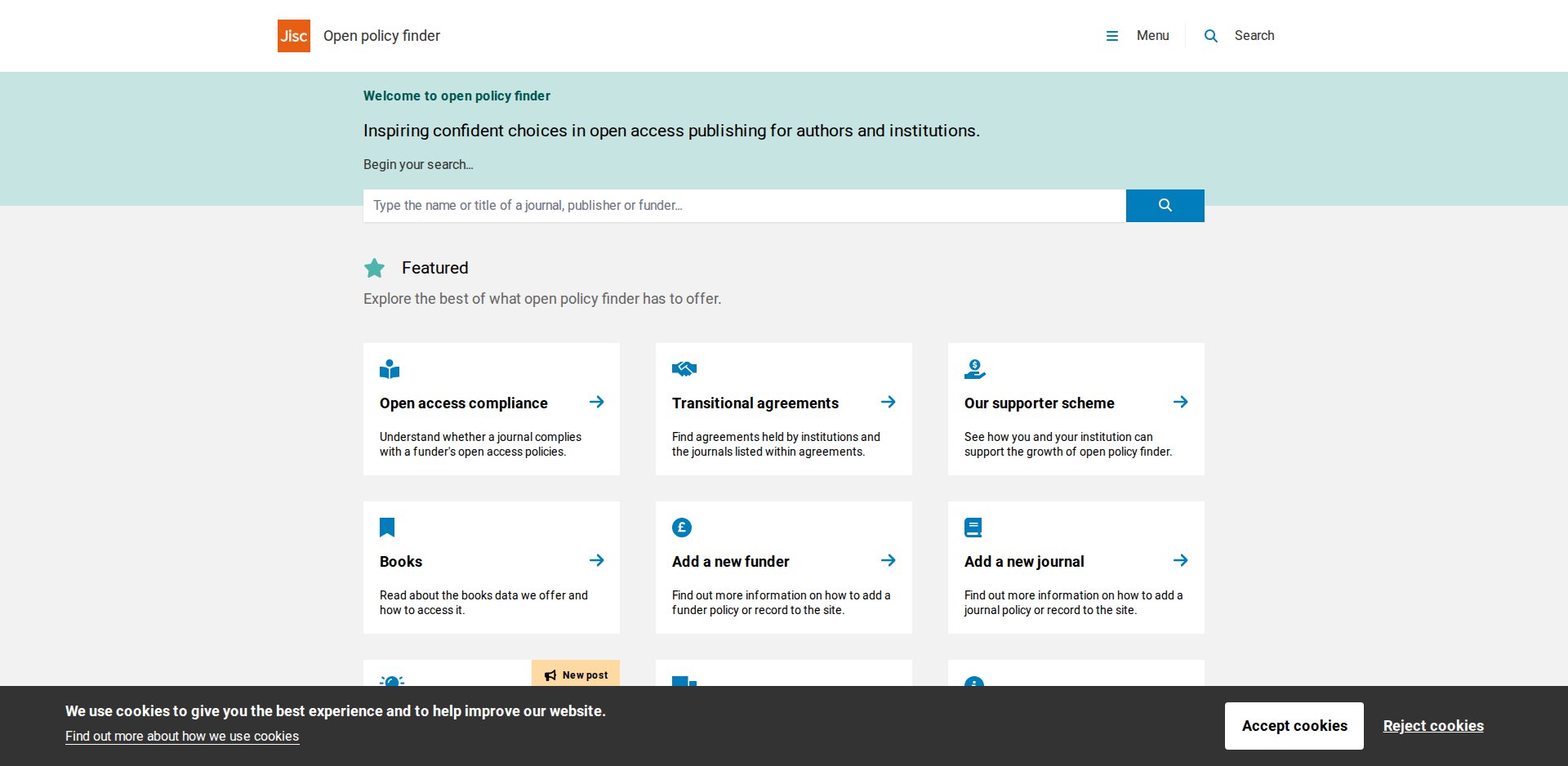 Página inicial do Open policy finder da Jisc, com a busca por periódico ou editora