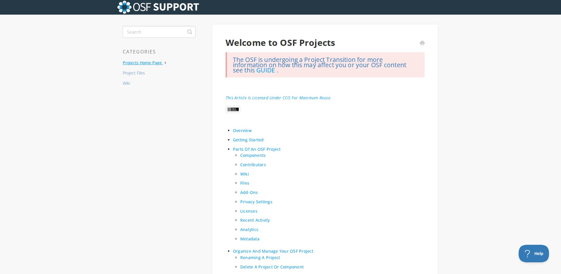 Página de ajuda do OSF sobre projetos, explicando as opções de compartilhar: público, por link e privado, e os componentes