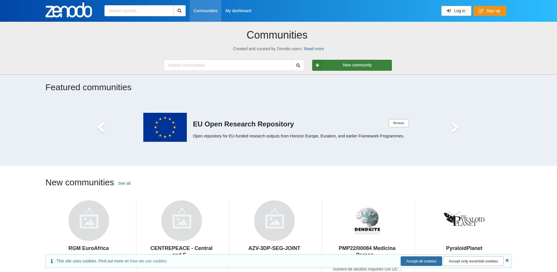 Página Communities do Zenodo com a lista de comunidades e o botão New community